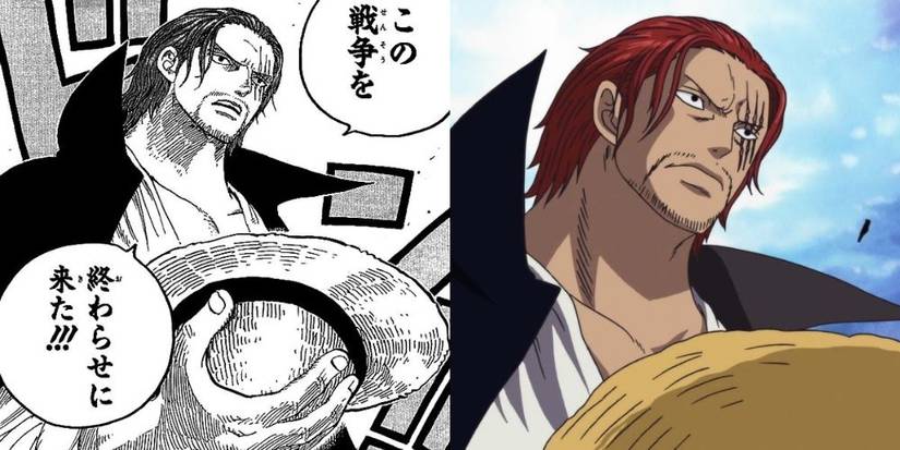 Shanks holding the straw hat, comparison between the Anime and the Manga