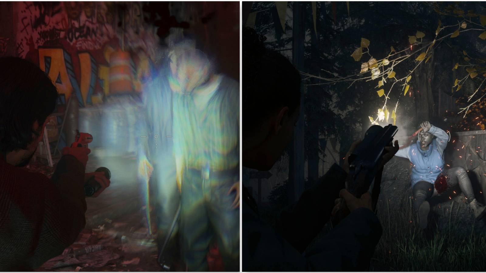 Shooting enemies with the Flare Gun and Shooting enemies with the Sawed-off Shotgun in Alan Wake 2