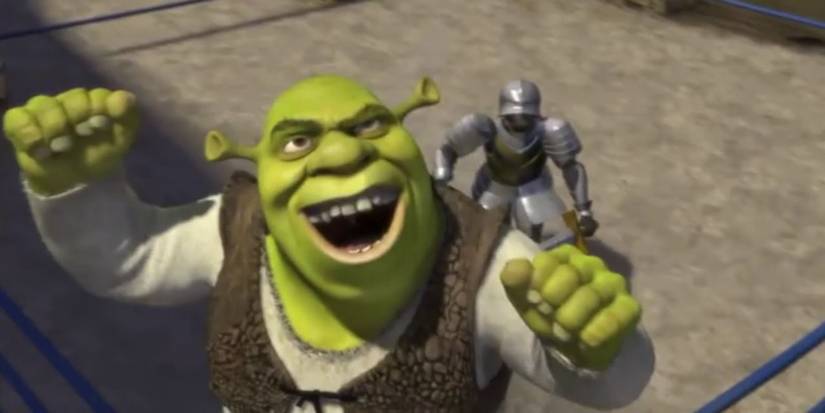 Shrek fighting a knight in a wrestling ring