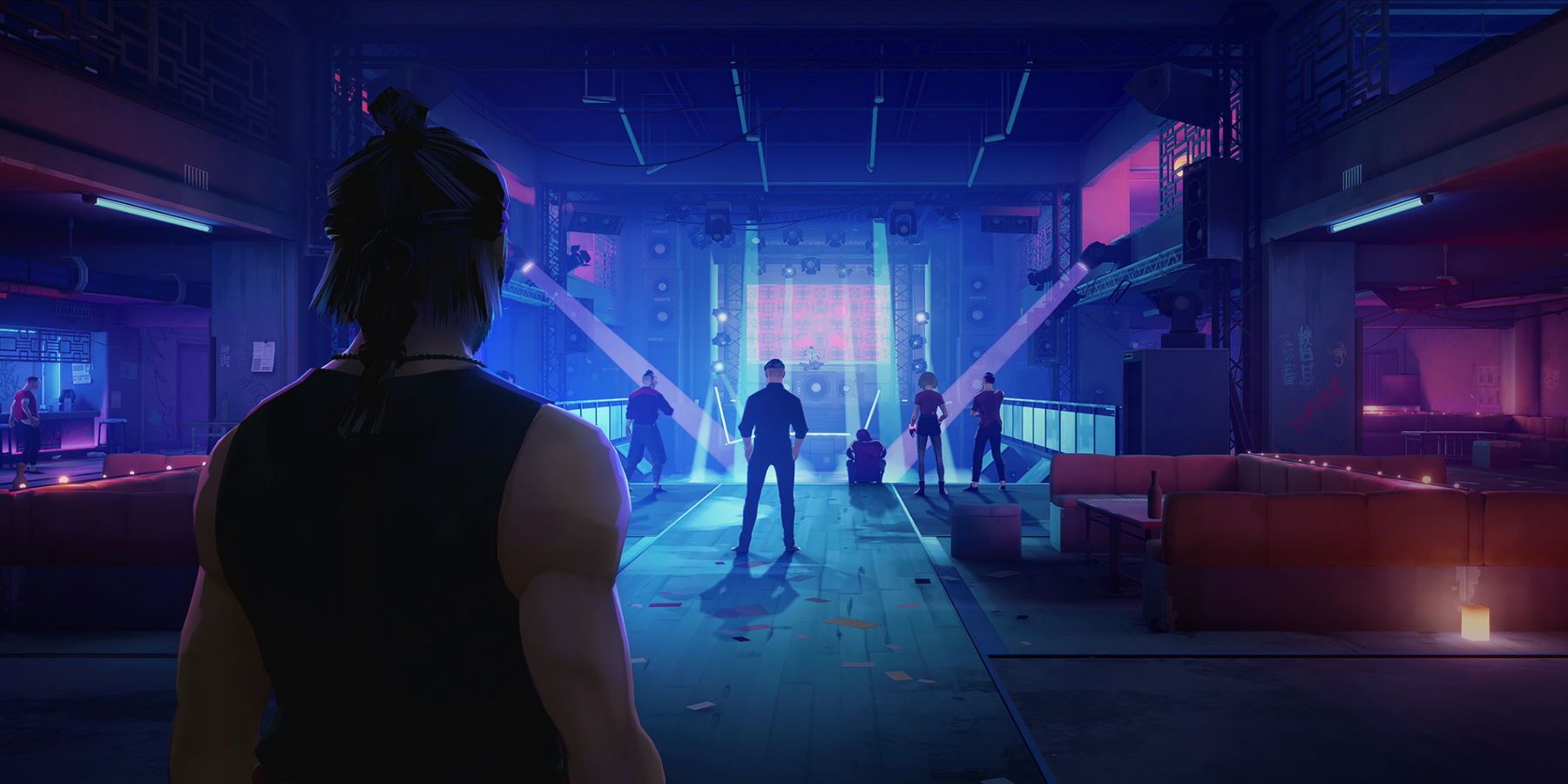 Protagonist of SIFU looking into a nightclub with bad guys in