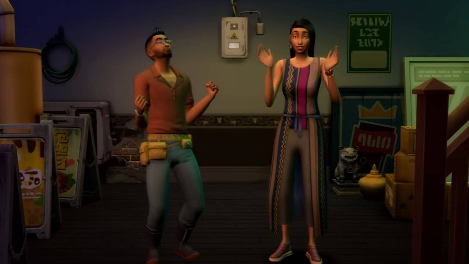 Two Sims celebrating by a circuit breaker in The Sims 4: For Rent reveal trailer