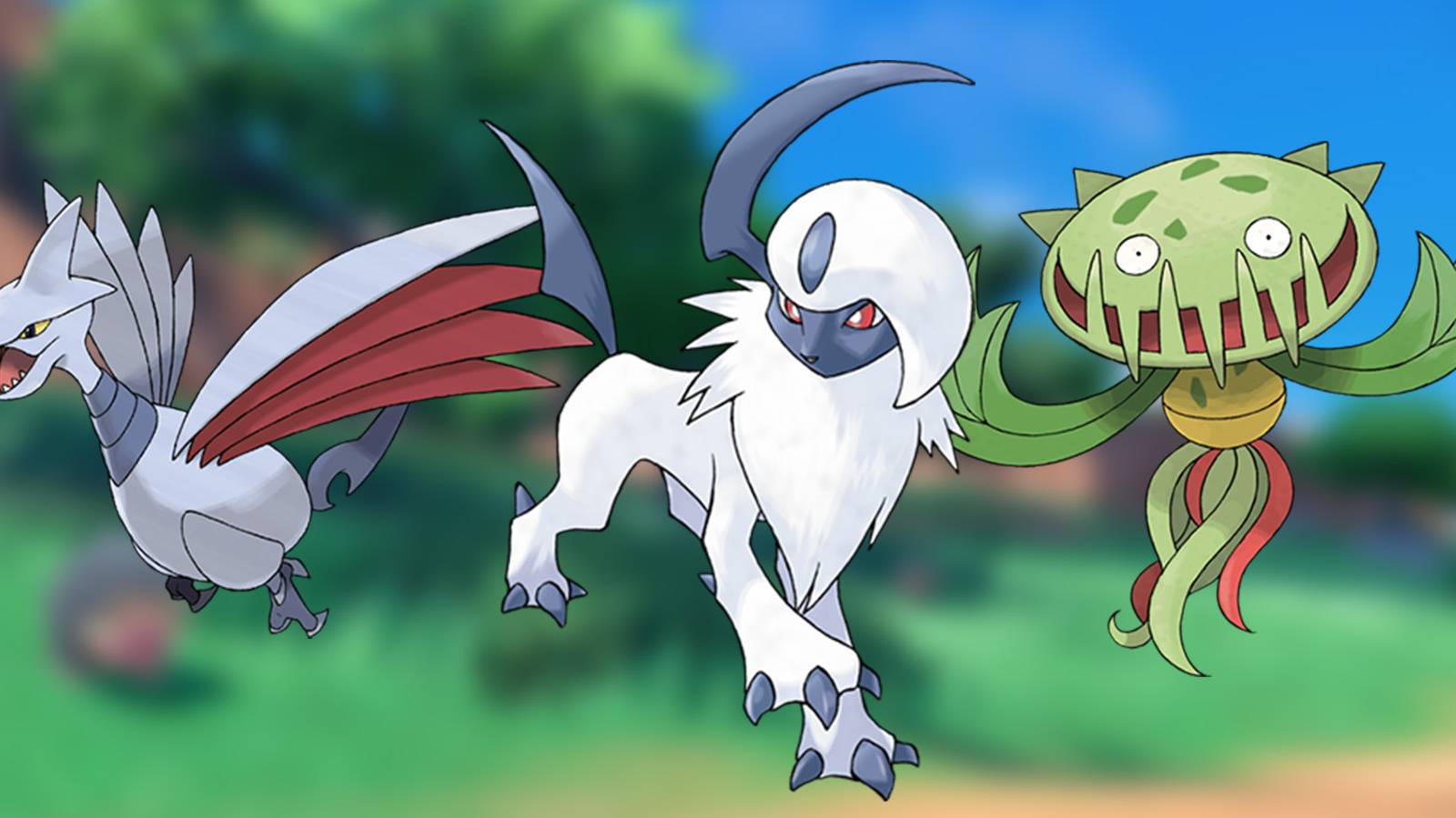 Skarmory Absol and Carnivine in front of blurred background