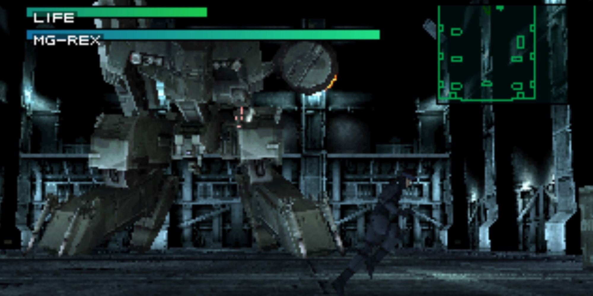 Snake running away from Metal Gear Rex