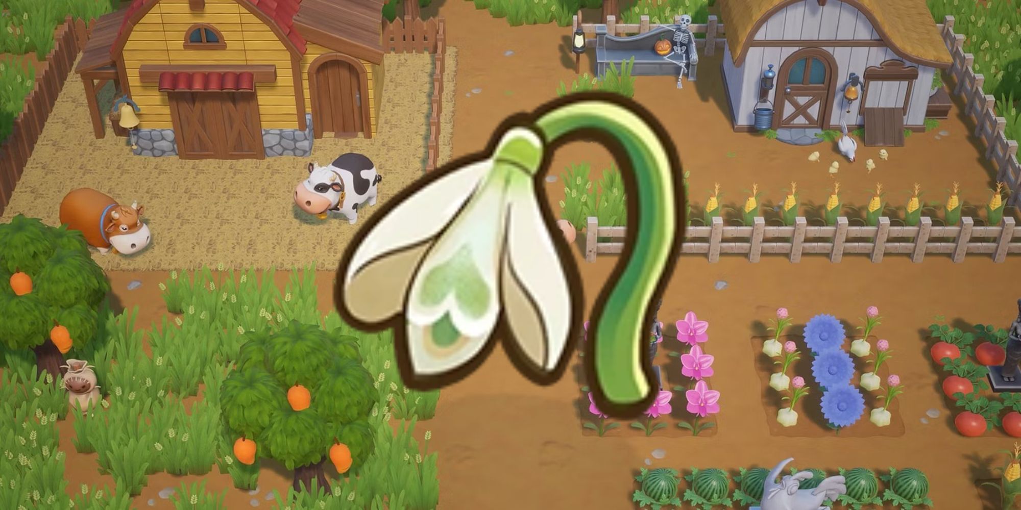 A Snowdrop in front of a farm background in Coral Island