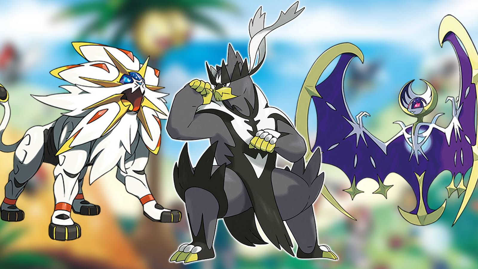 Solgaleo Urshifu and Lunala in front of Pokemon Sun and Moon blurred background