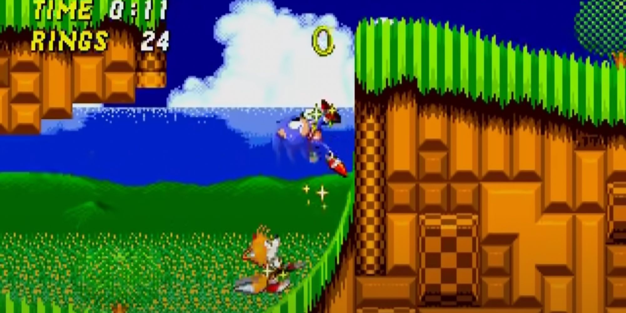 Sonic and Tails running up a steep hill in Sonic the Hedgehog 2