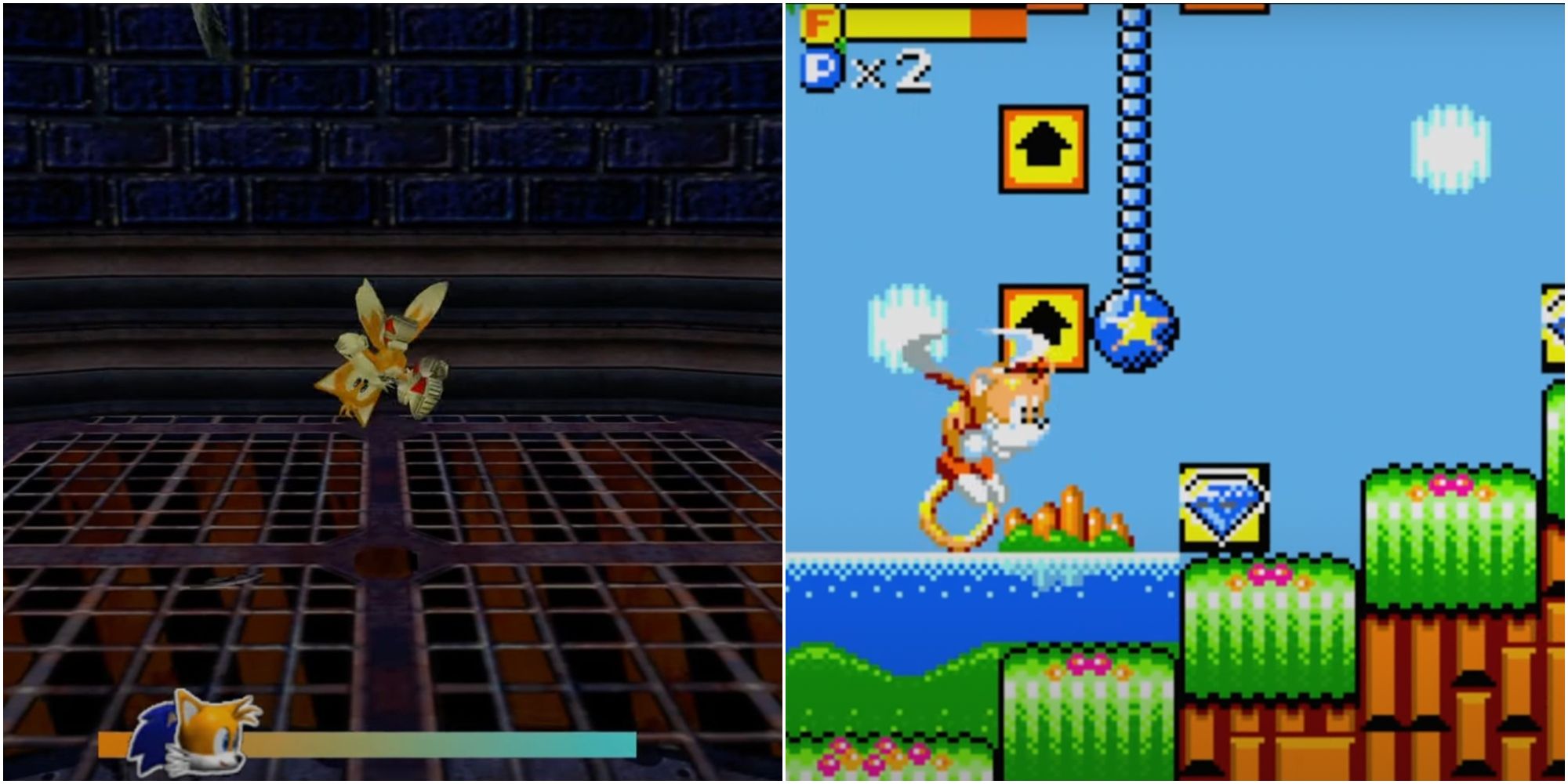 Tails floating upside down over a big fan beside Tails flying through a level holding a coin