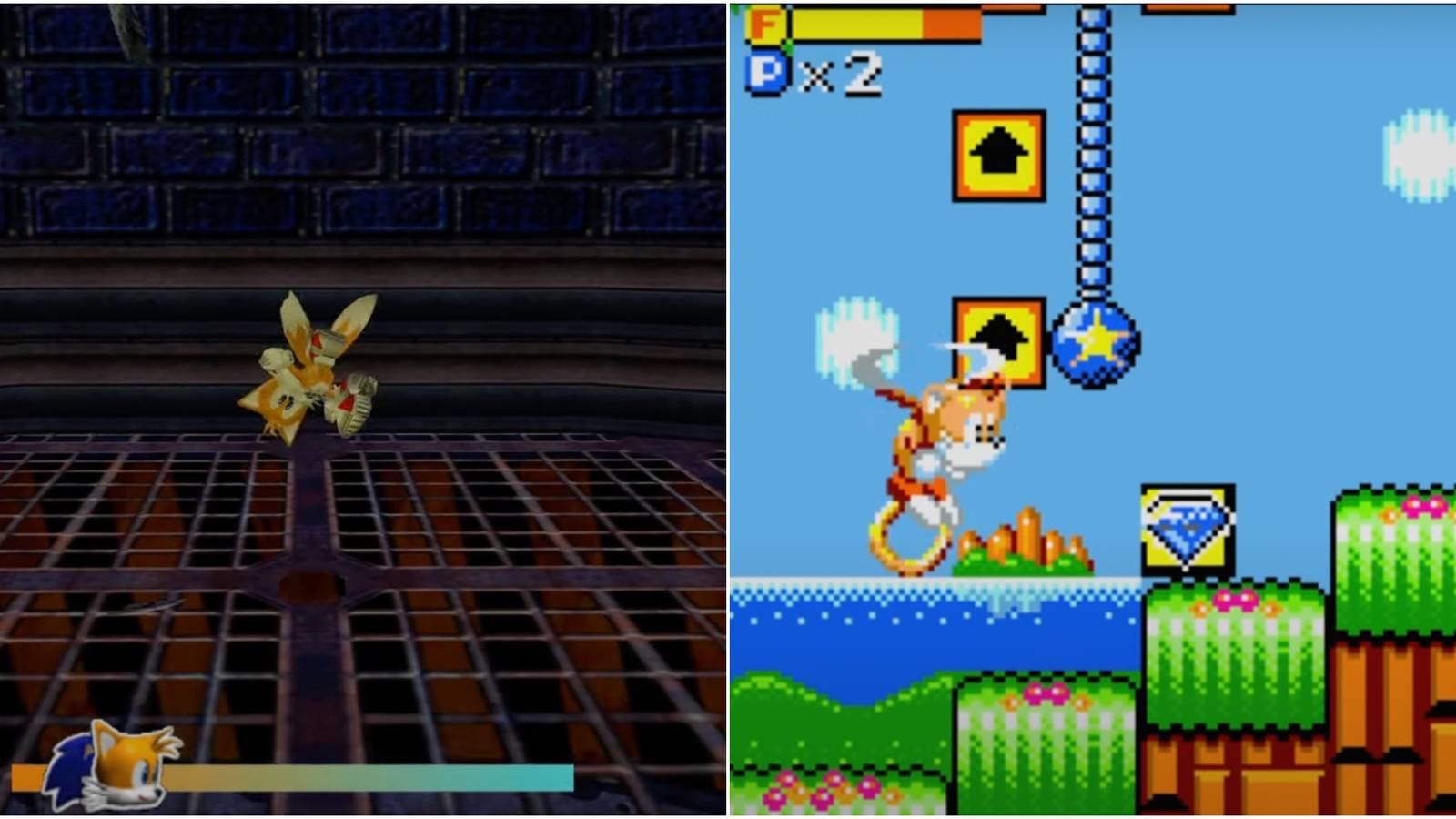 Tails floating upside down over a big fan beside Tails flying through a level holding a coin
