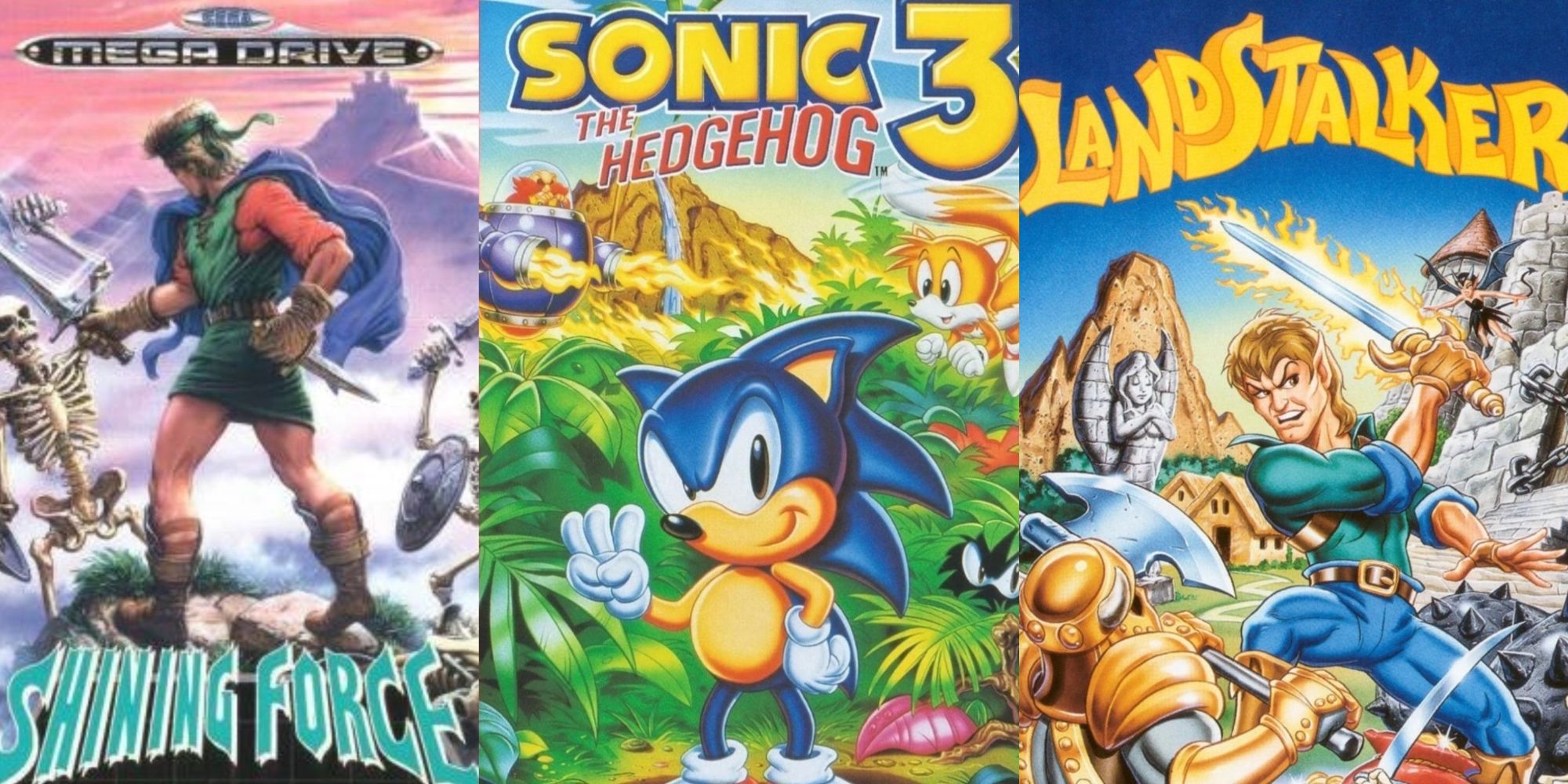 shining force, sonic the hedgehog 3 and land stalker cover art side by side 