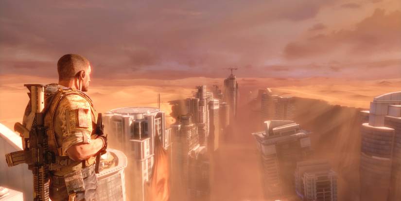 A soldier stands looking out at a city slowly being swallowed by sand