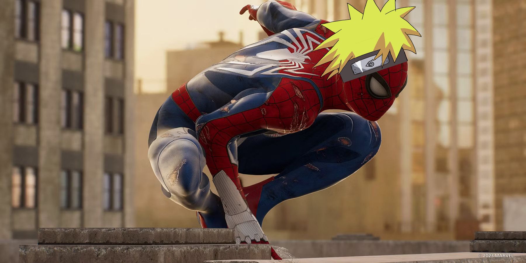 A screenshot of Peter Parker perched on a roof in Marvel's Spider-Man 2 while wearing Naruto's hair and headband.