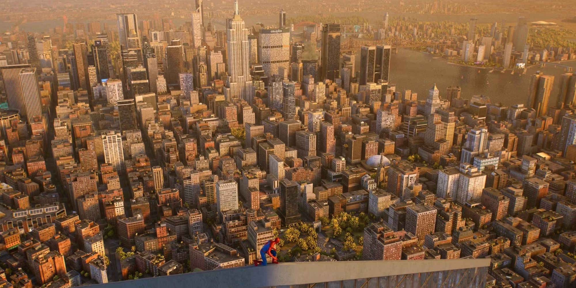 Spider-Man sat on top of a large building overlooking New York