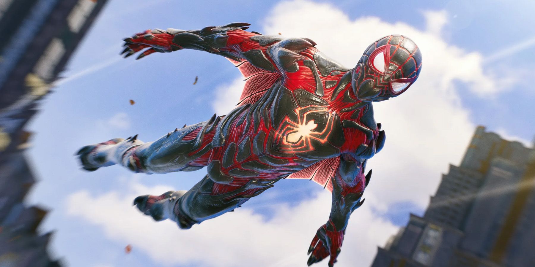 A screenshot of Miles Morales gliding in the air in his Biomechanical Suit in Marvel's Spider-Man 2.