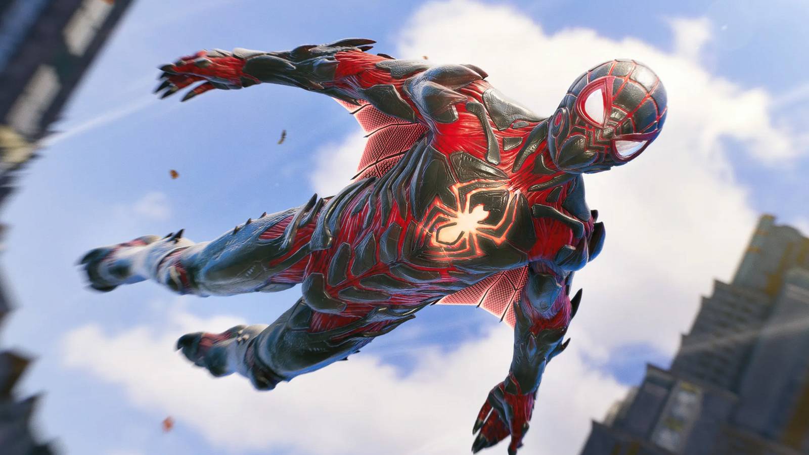 A screenshot of Miles Morales gliding in the air in his Biomechanical Suit in Marvel's Spider-Man 2.