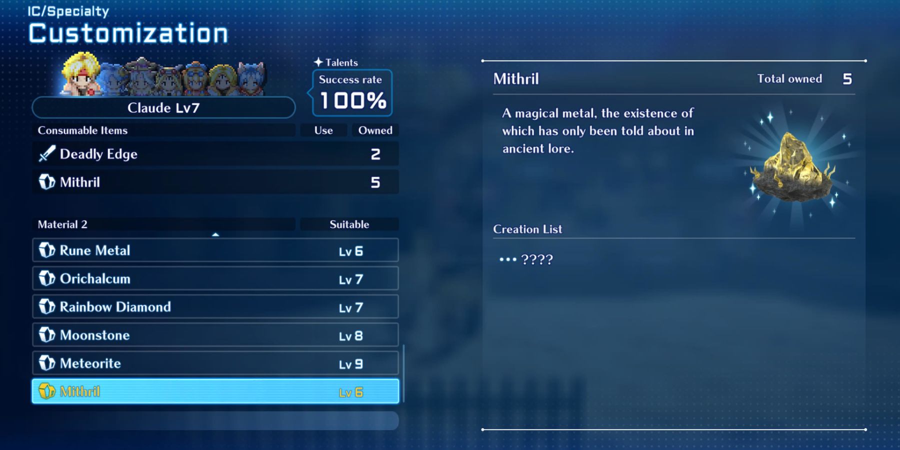Star Ocean 2 - crafting Mithril and the Deadly Blade