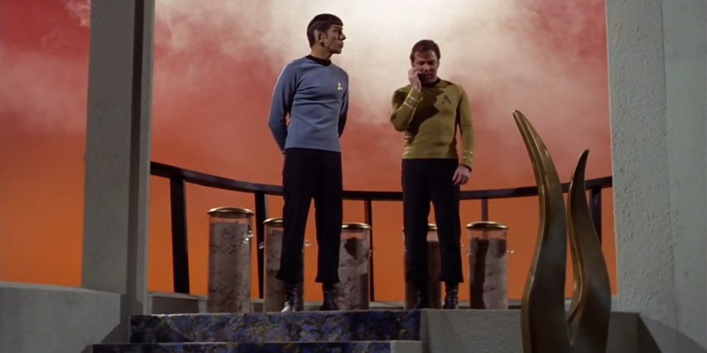 Kirk and Spock prepare to transport in "The Cloud Minders".