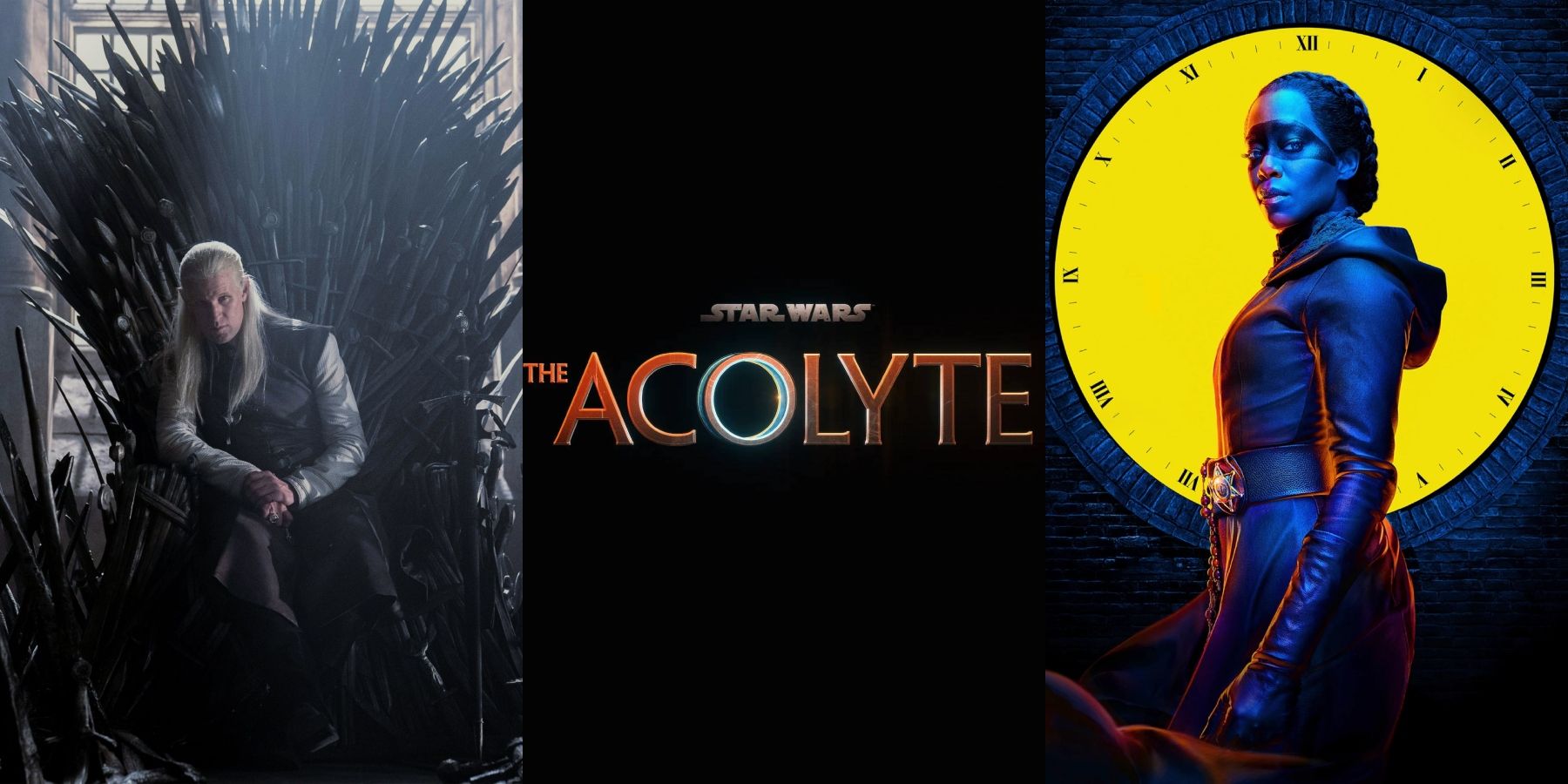 The logo for Star Wars: The Acolyte with images from House of the Dragon and Watchmen