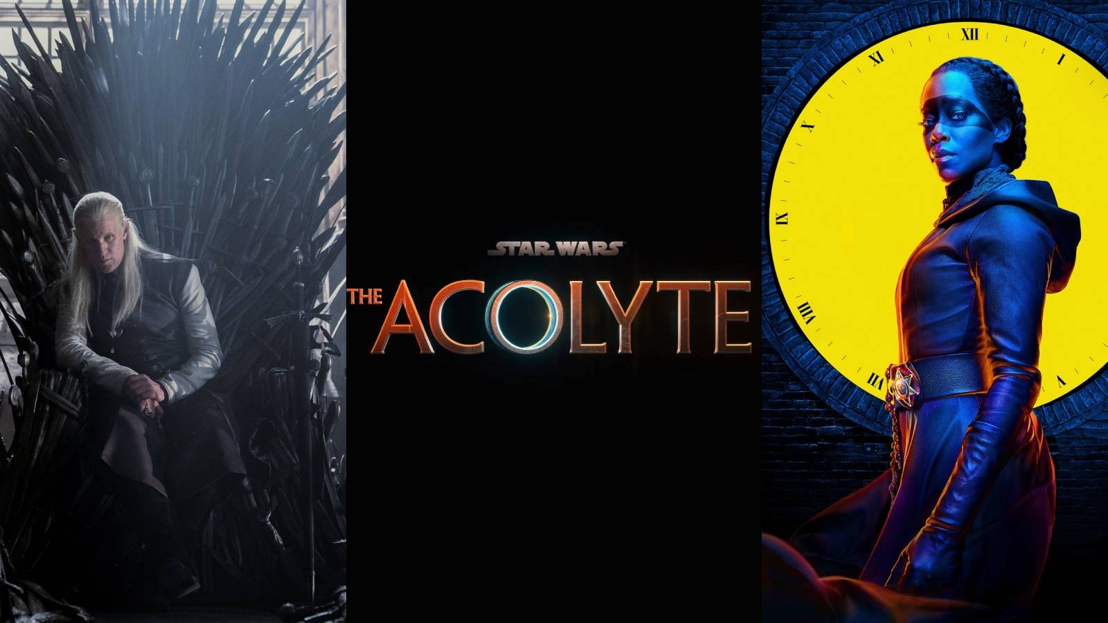 The logo for Star Wars: The Acolyte with images from House of the Dragon and Watchmen