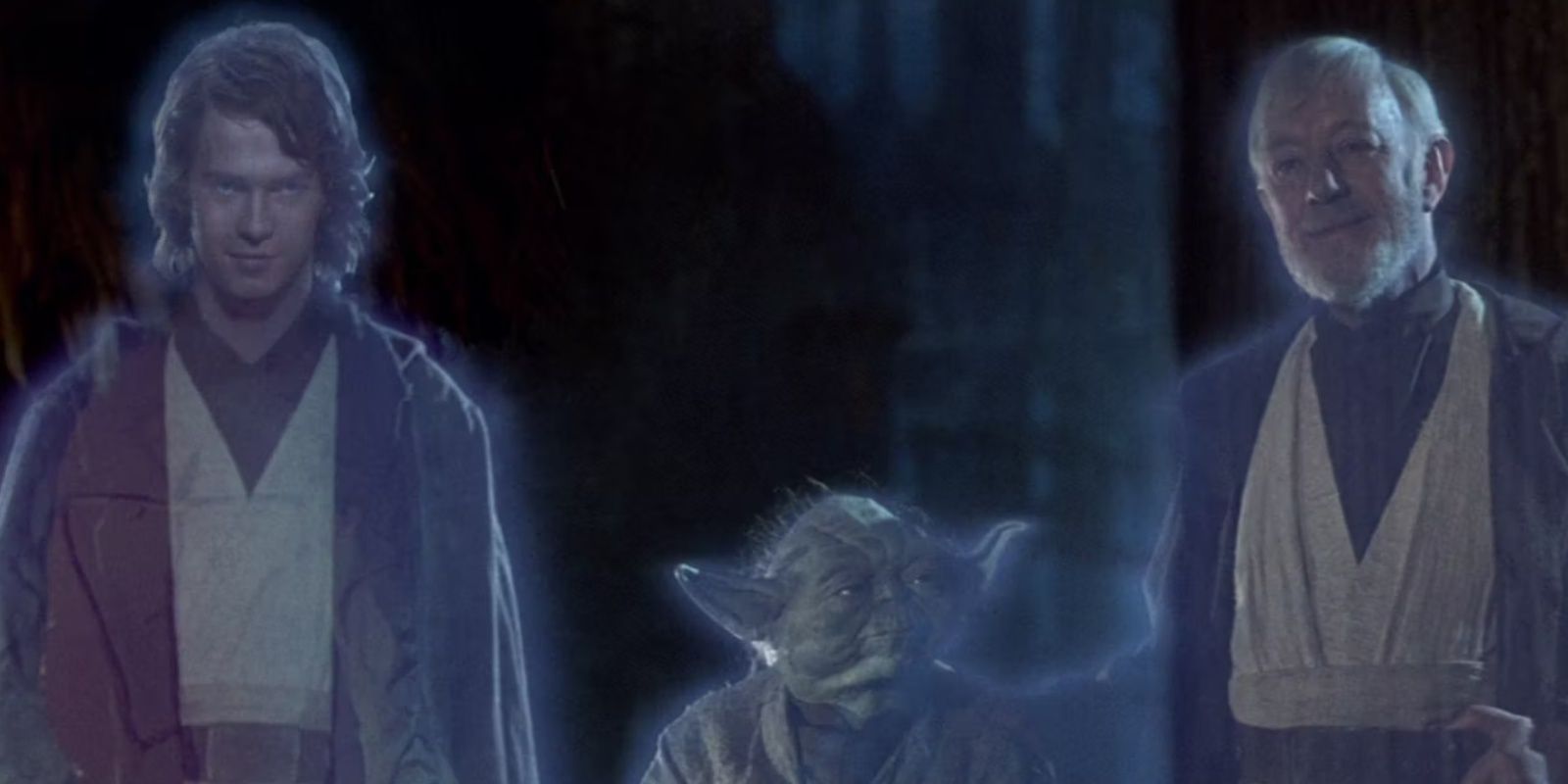 Hayden Christiansen as Anakin Skywalker. Frank Oz as Yoda. Alec Guiness as Obi-Wan Kenobi.