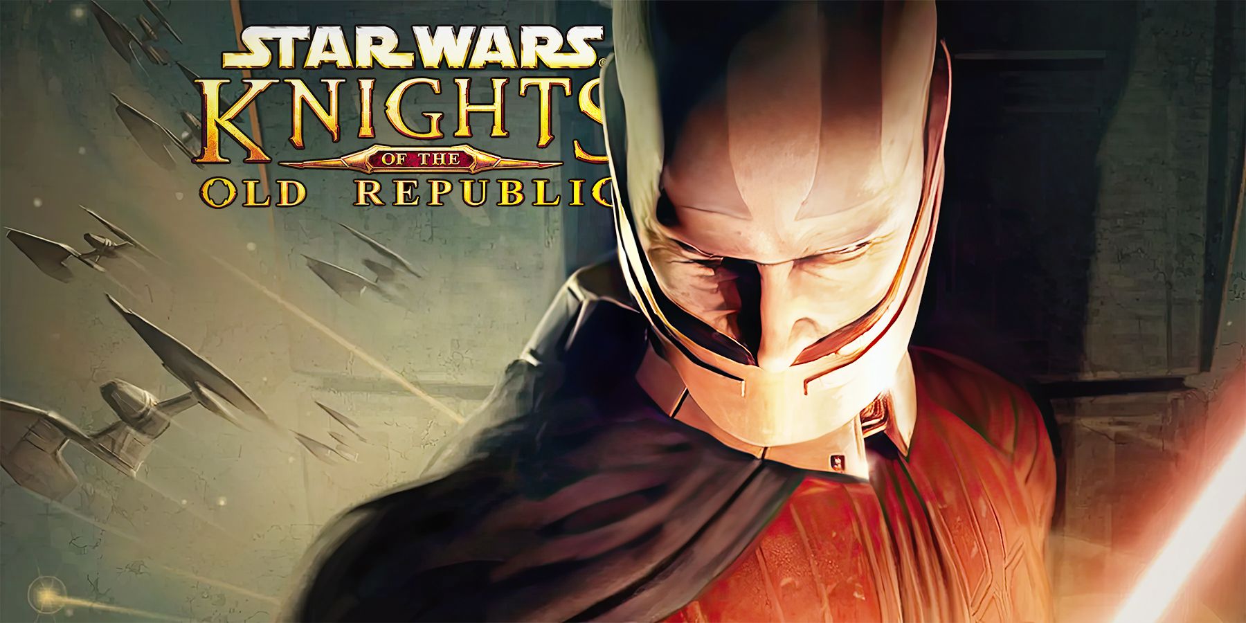 Star Wars Knights of the Old Republic KOTOR upscaled cover artwork crop Revan in front of game logo