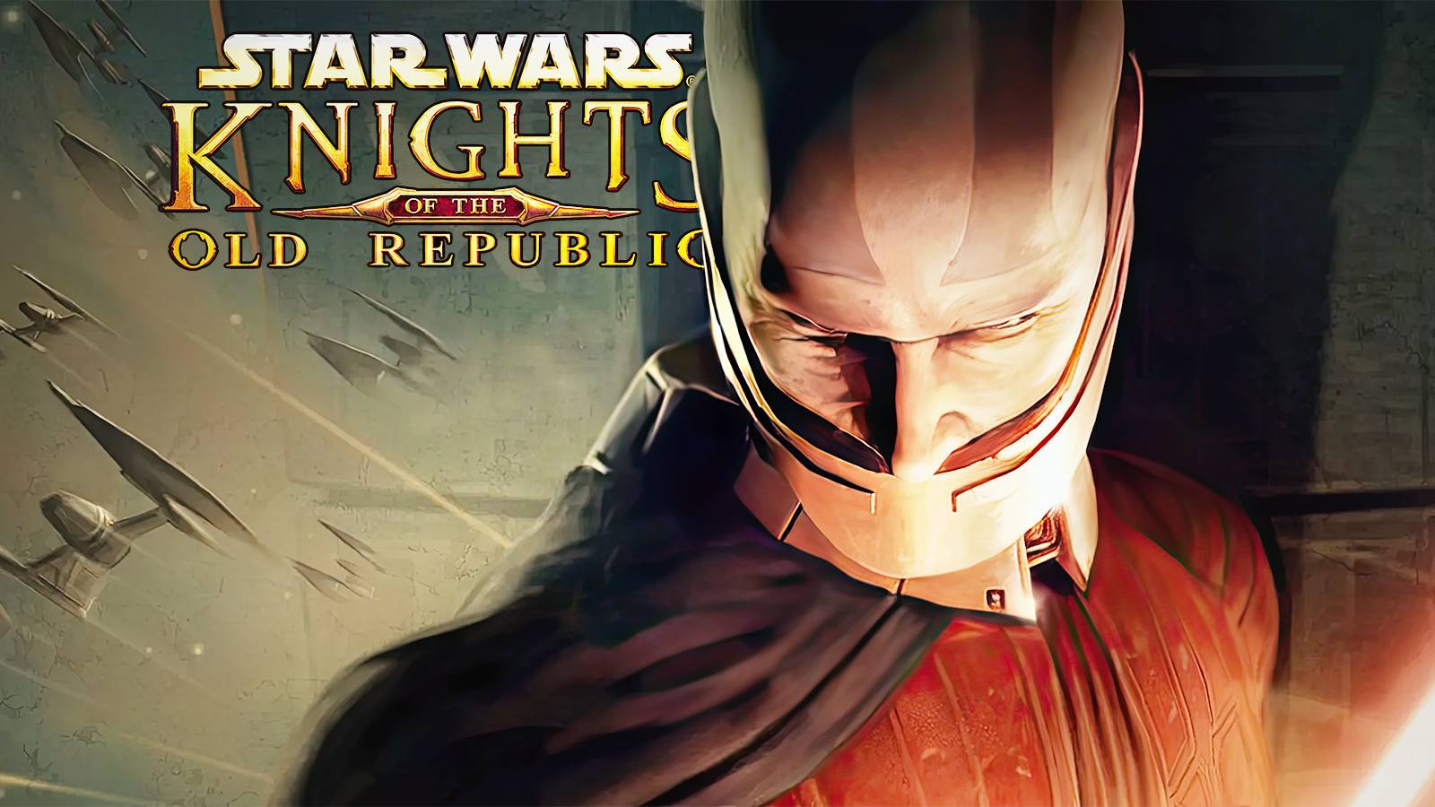Star Wars Knights of the Old Republic KOTOR upscaled cover artwork crop Revan in front of game logo