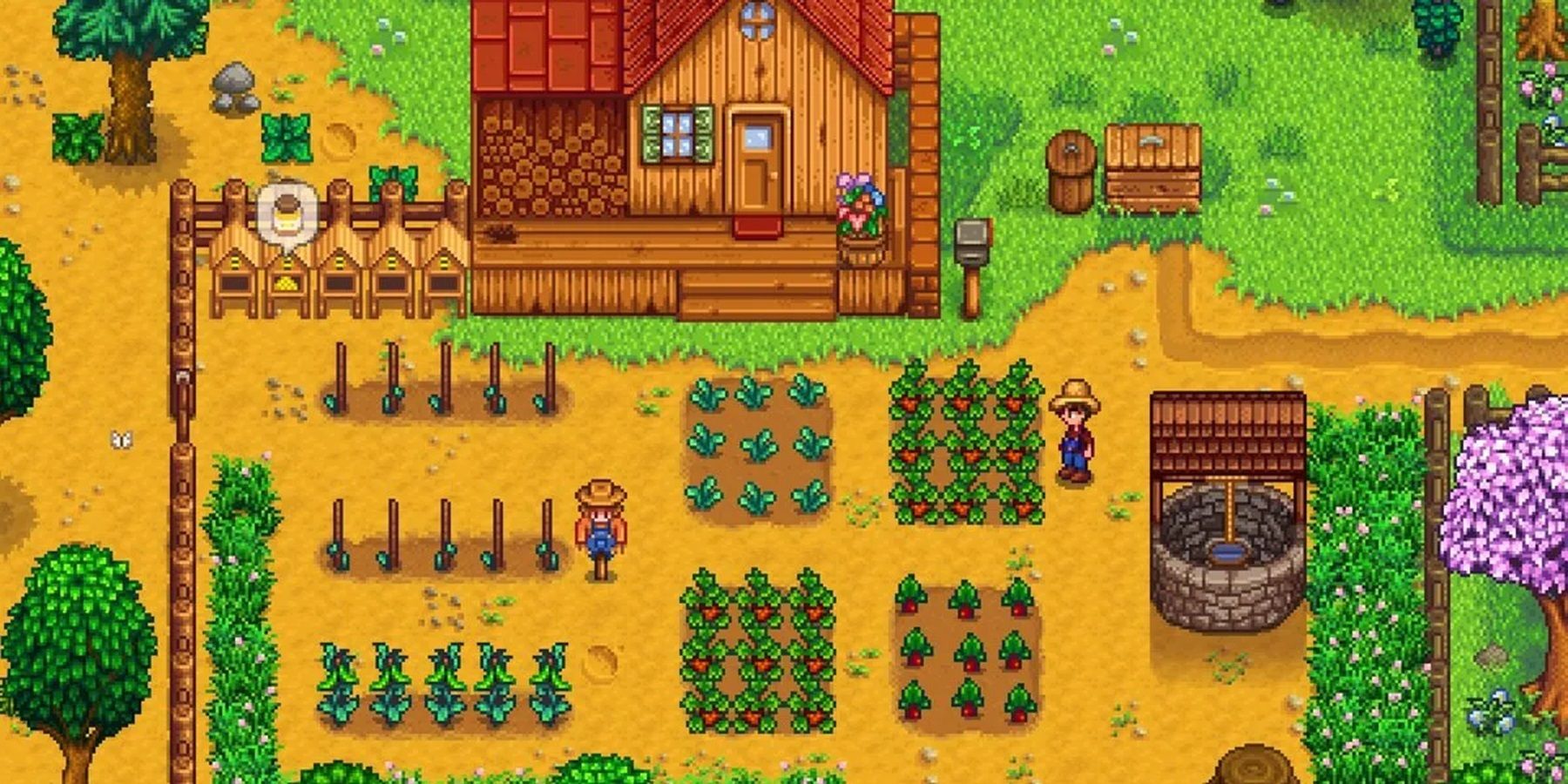 A player in their farm in Stardew Valley