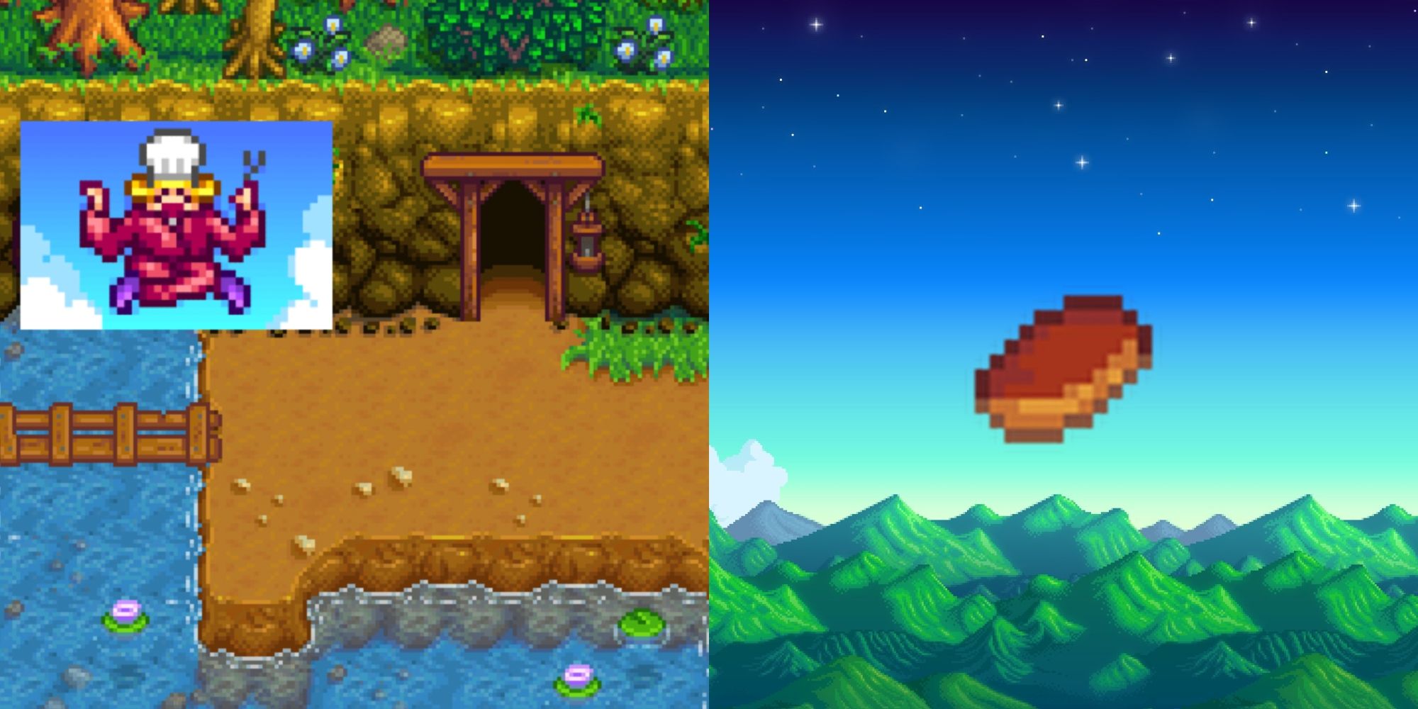 Stardew Valley's Maple Bar beside a picture of the Mines entrance and the Queen of Sauce
