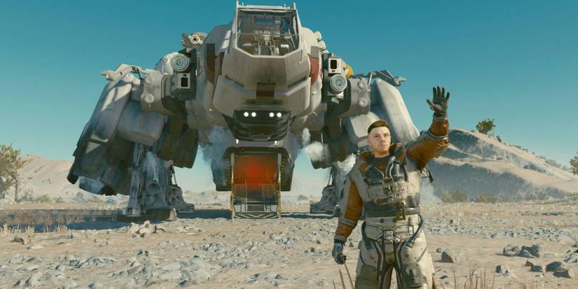 A screenshot of a player character posing in front of thier ship on a desert planet in Starfield.