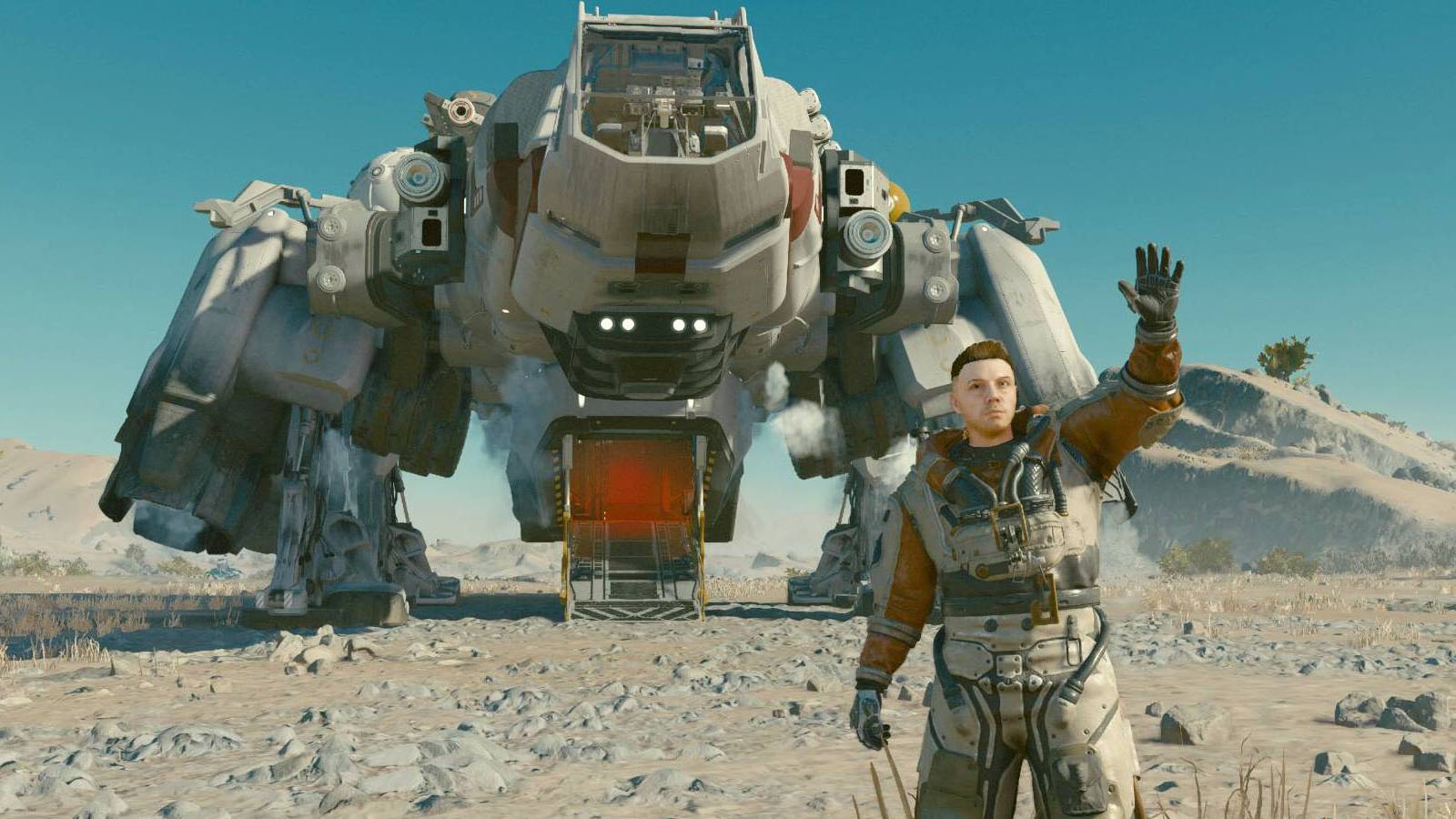 A screenshot of a player character posing in front of thier ship on a desert planet in Starfield.