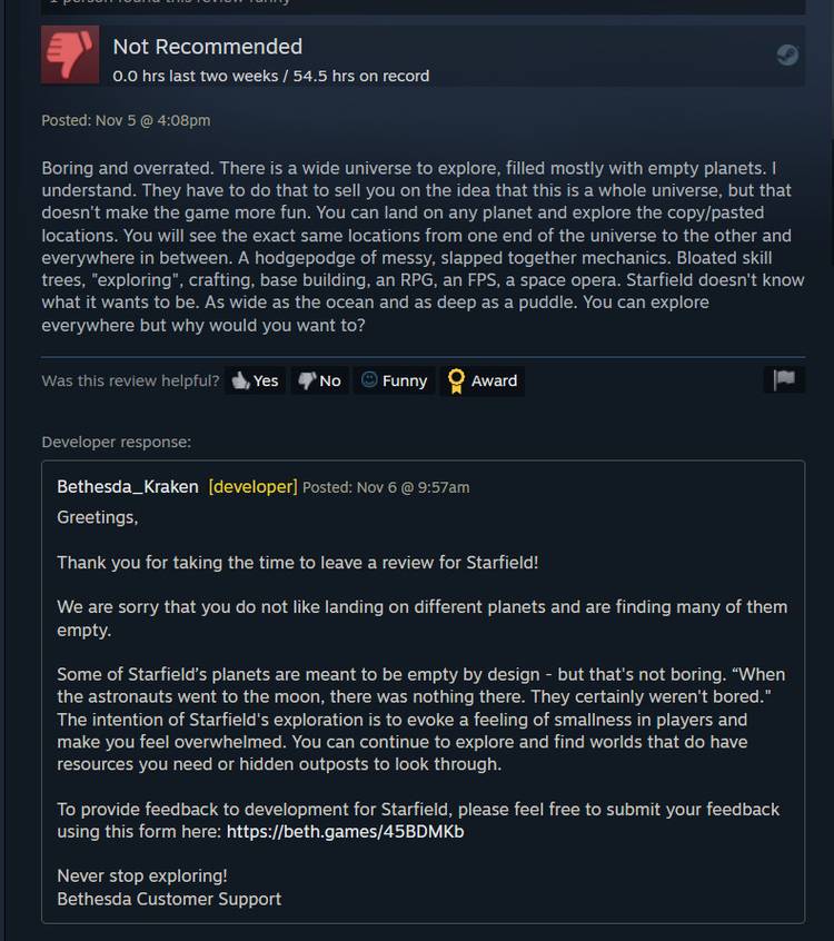 starfield steam review bethesda response-1
