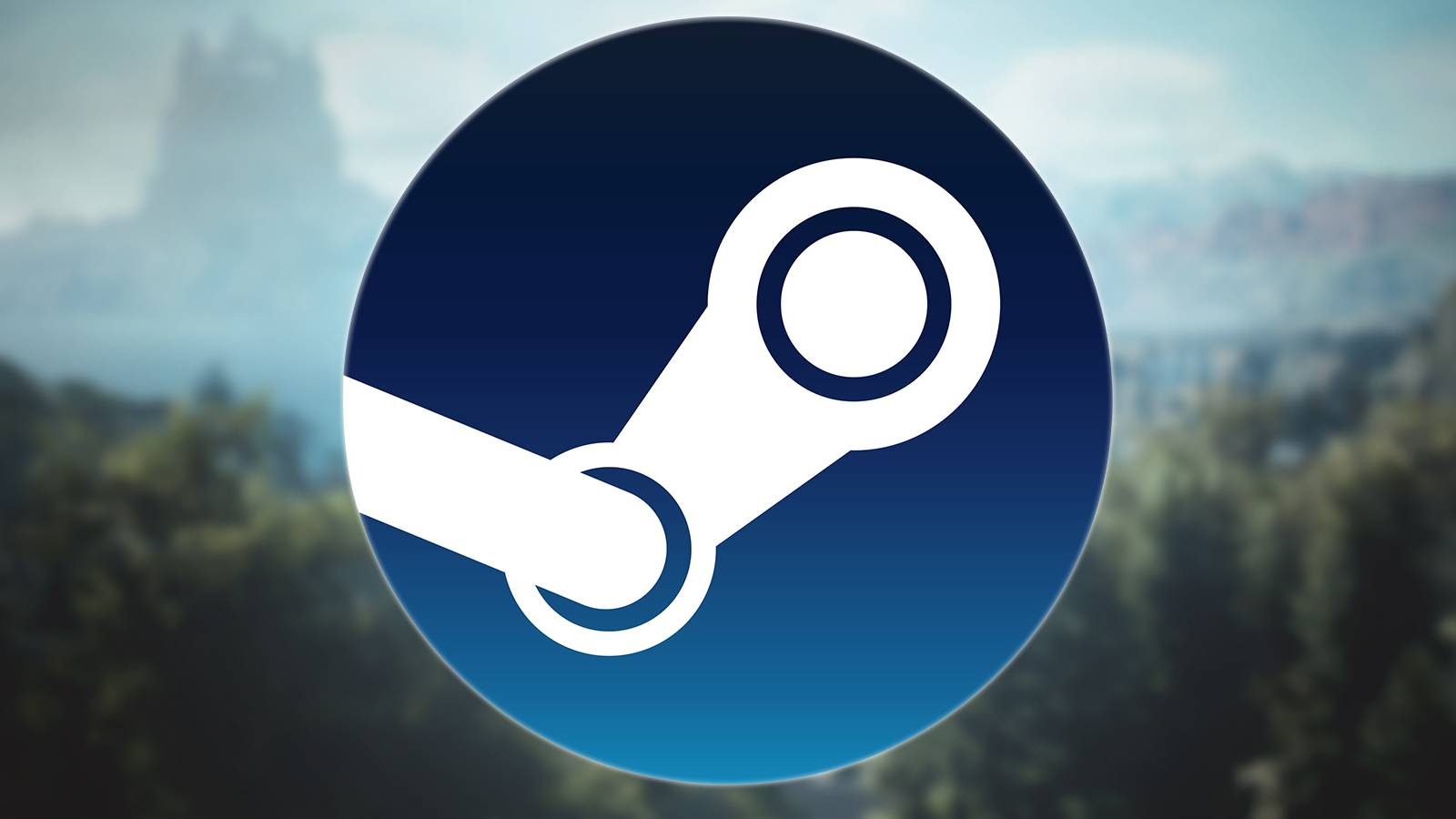 Steam logo submark on blurred Dragon's Dogma 2 open world landscape screenshot