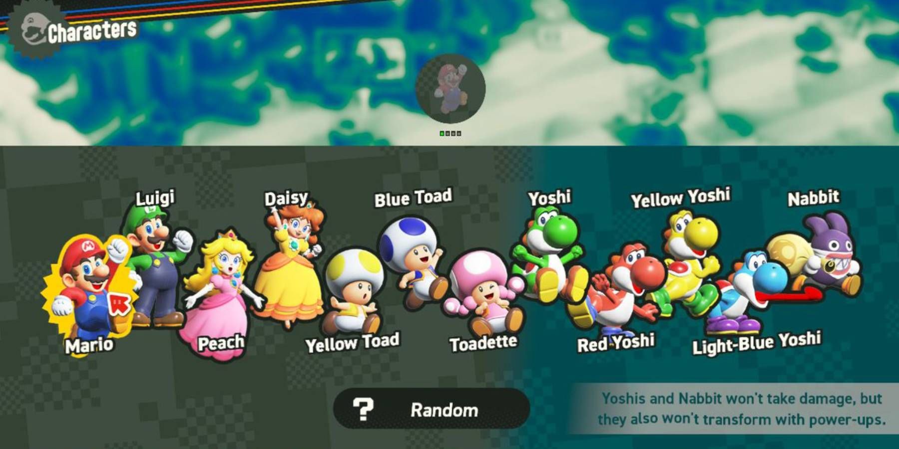 Character Select screen from Super Mario Bros. Wonder
