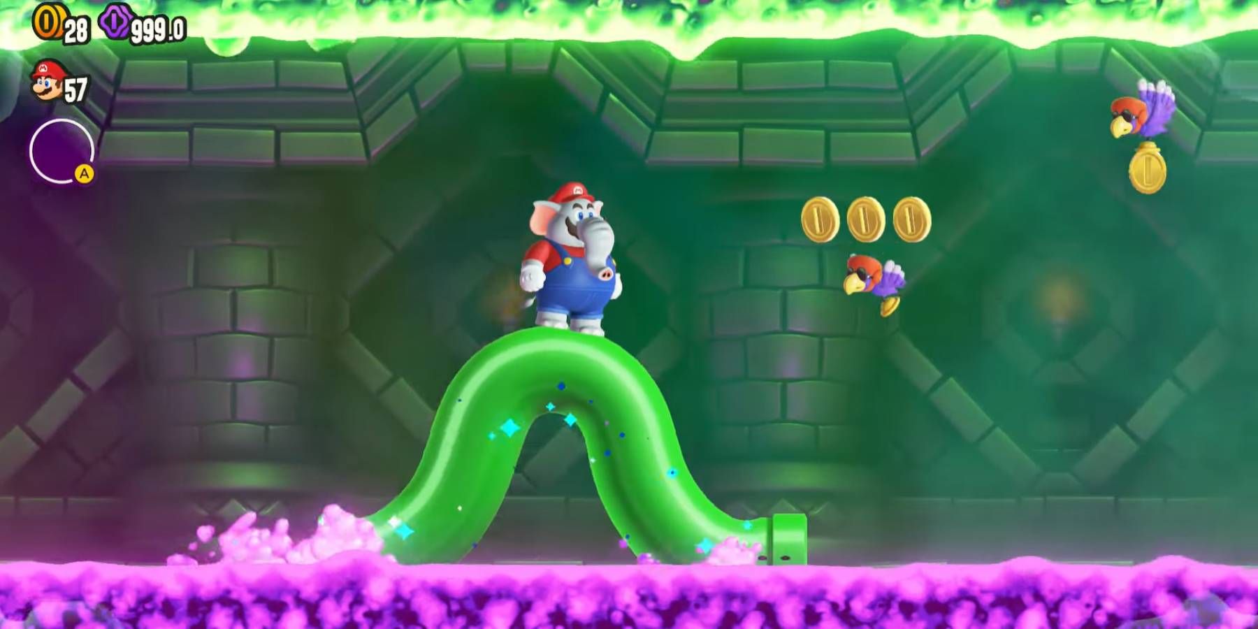 Elephant Mario riding a living pipe in The Final Test from Super Mario Bros. Wonder