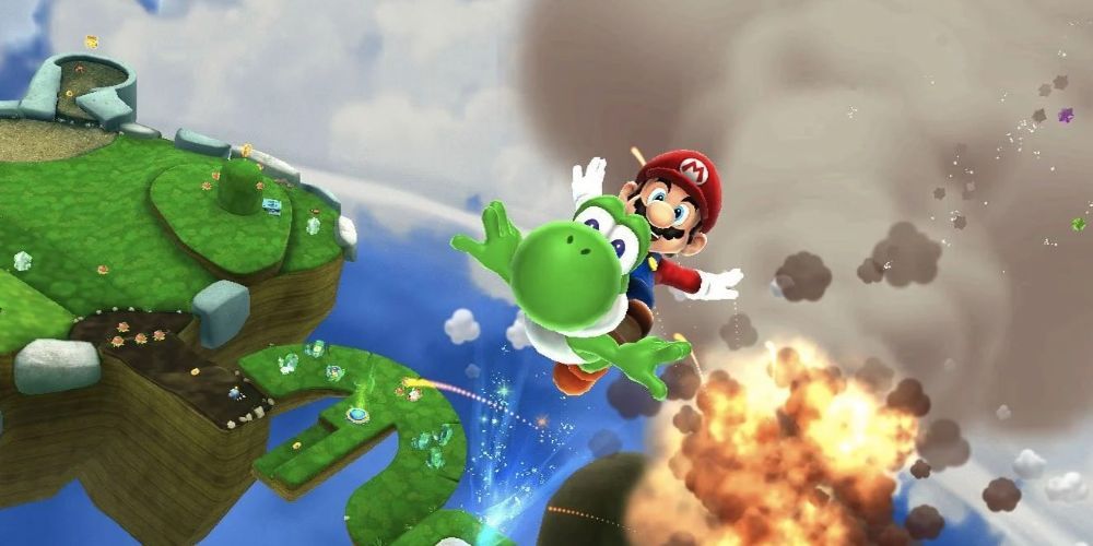 Mario and Yoshi flying across a galaxy in Super Mario Galaxy 2