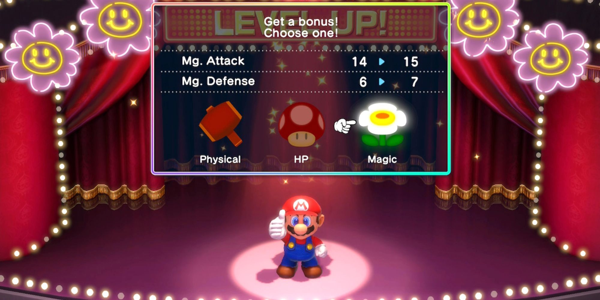 Super Mario RPG Level Up Screen Mario with Magic Flowers