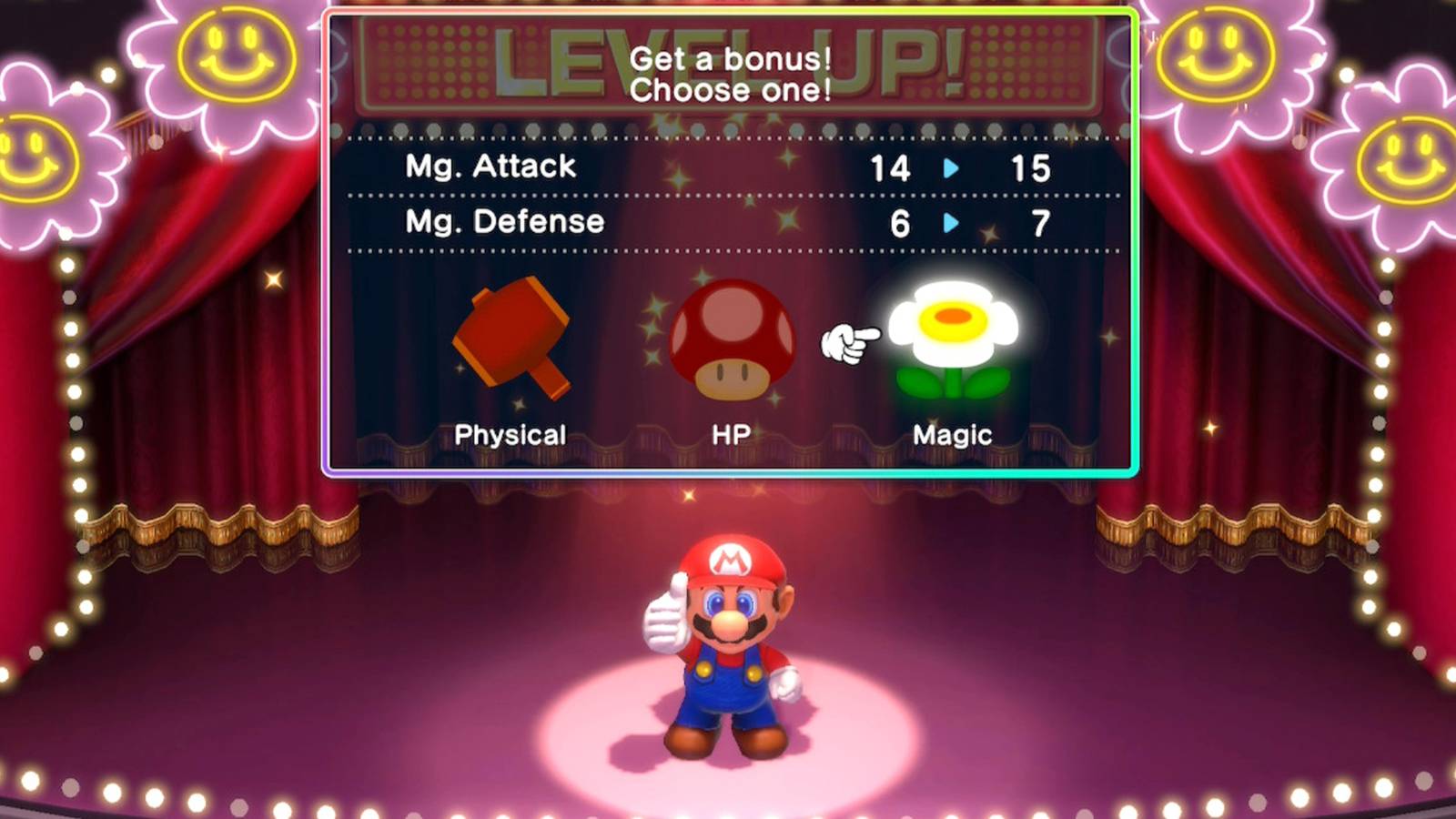 Super Mario RPG Level Up Screen Mario with Magic Flowers