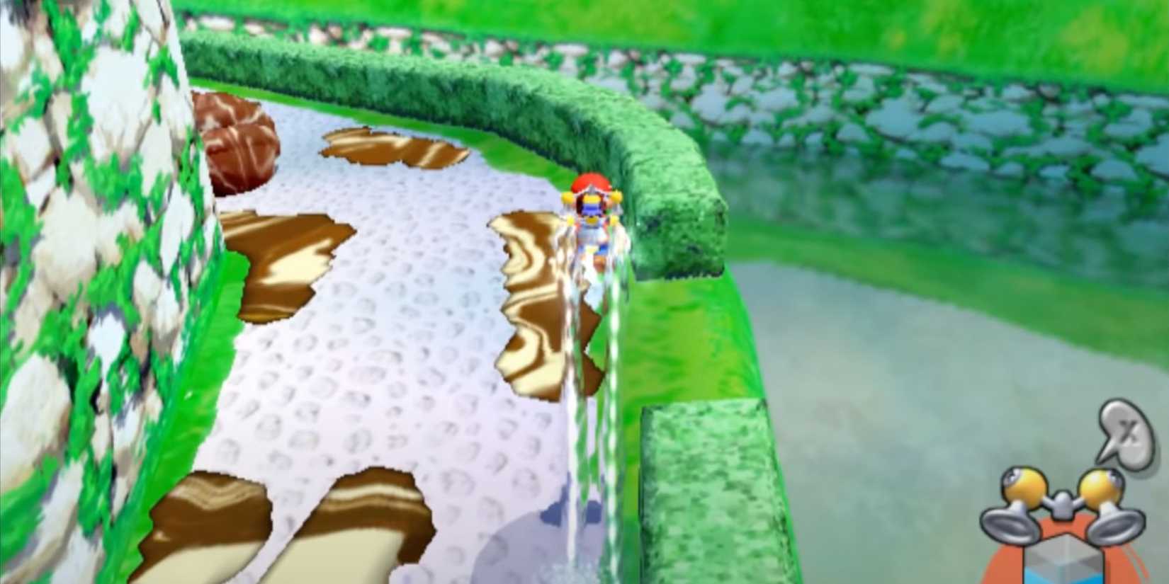 Mario using his water pack to glide over mud in Super Mario Sunshine