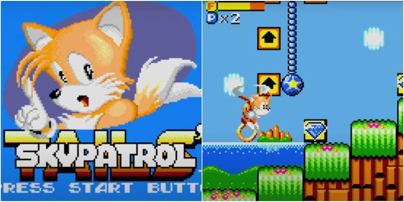 Tails' Skypatrol cover (in Sonic Origins) beside Tails using his tail to fly through a level and avoid obstacles