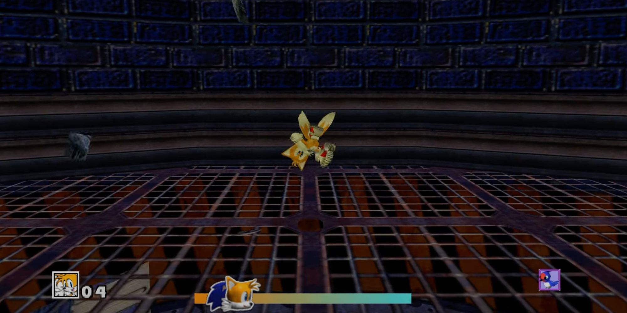 Tails racing Sonic in the second stage of his Sonic Adventure Level, with Tails drifting upside down from a large fan