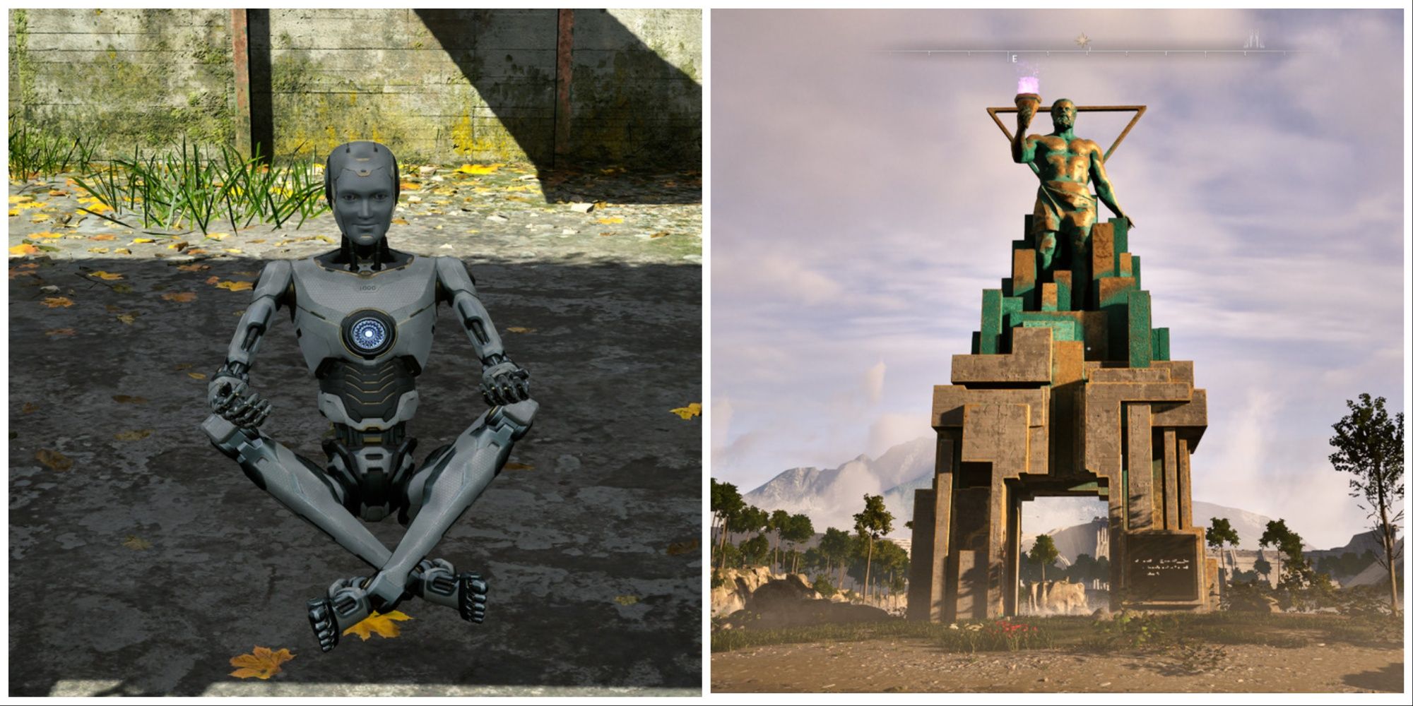(Left) 1K meditating (Right) Statue holding a lit torch