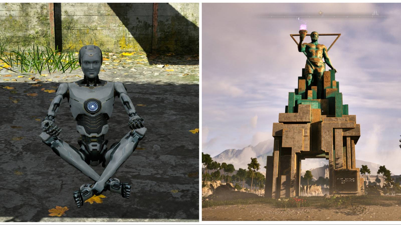 (Left) 1K meditating (Right) Statue holding a lit torch