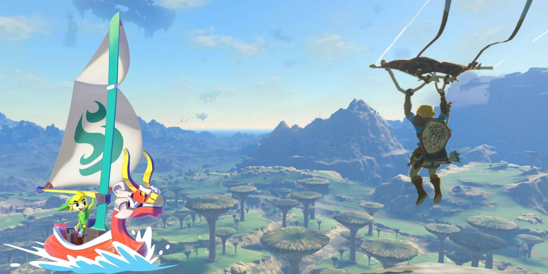 Link gliding in The Legend of Zelda: Tears of the Kingdom while Link from Wind Waker sails by