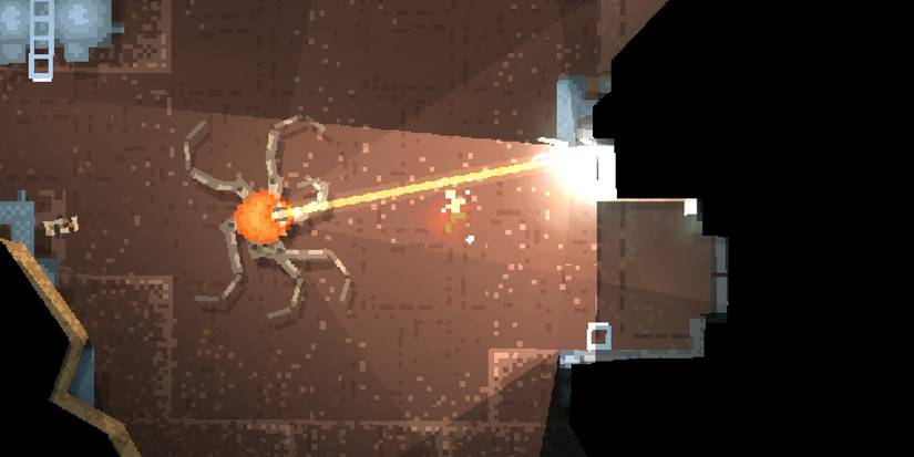 Teleglitch gameplay of large mechanical spirer being shot at in top down view