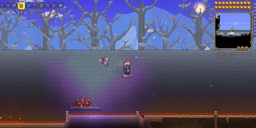 Terraria Book Mount flying through sky with forest backdrop
