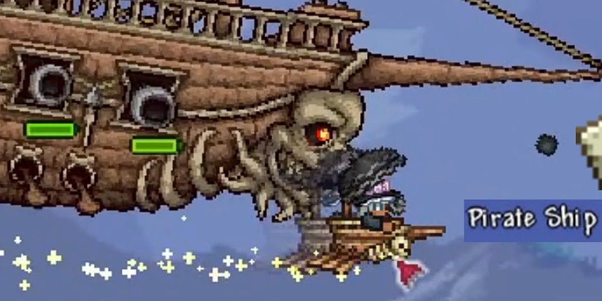 Terraria Pirate Ship Mount flying through the sky near larger pirate ship with sparkles