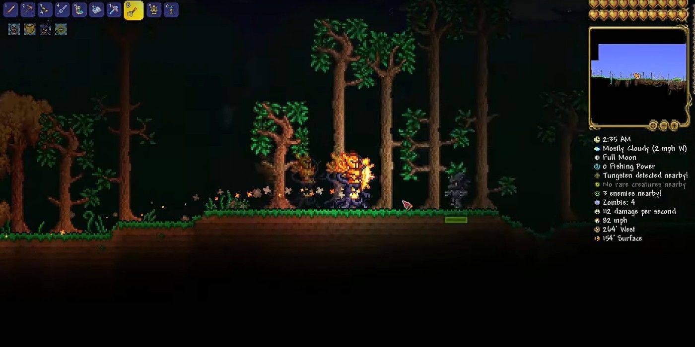 Terraria Tree Mount avatar on fire running through dark forest