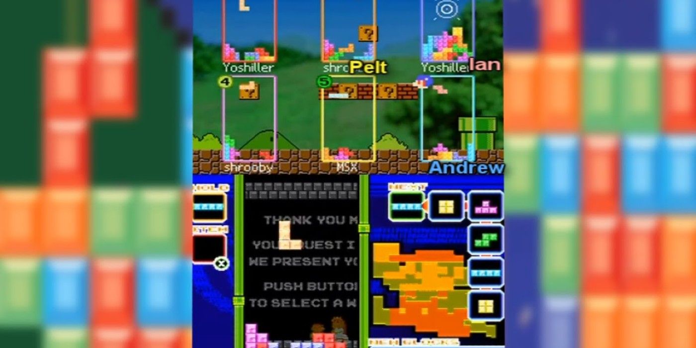 Tetris DS gameplay of multiplayer with retro Mario backdrop