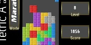 tetrisscr, the TI-84 Plus CE version of tetris, with multi-colored blocks and a score and level counter on the right. image source: Calcplex.com