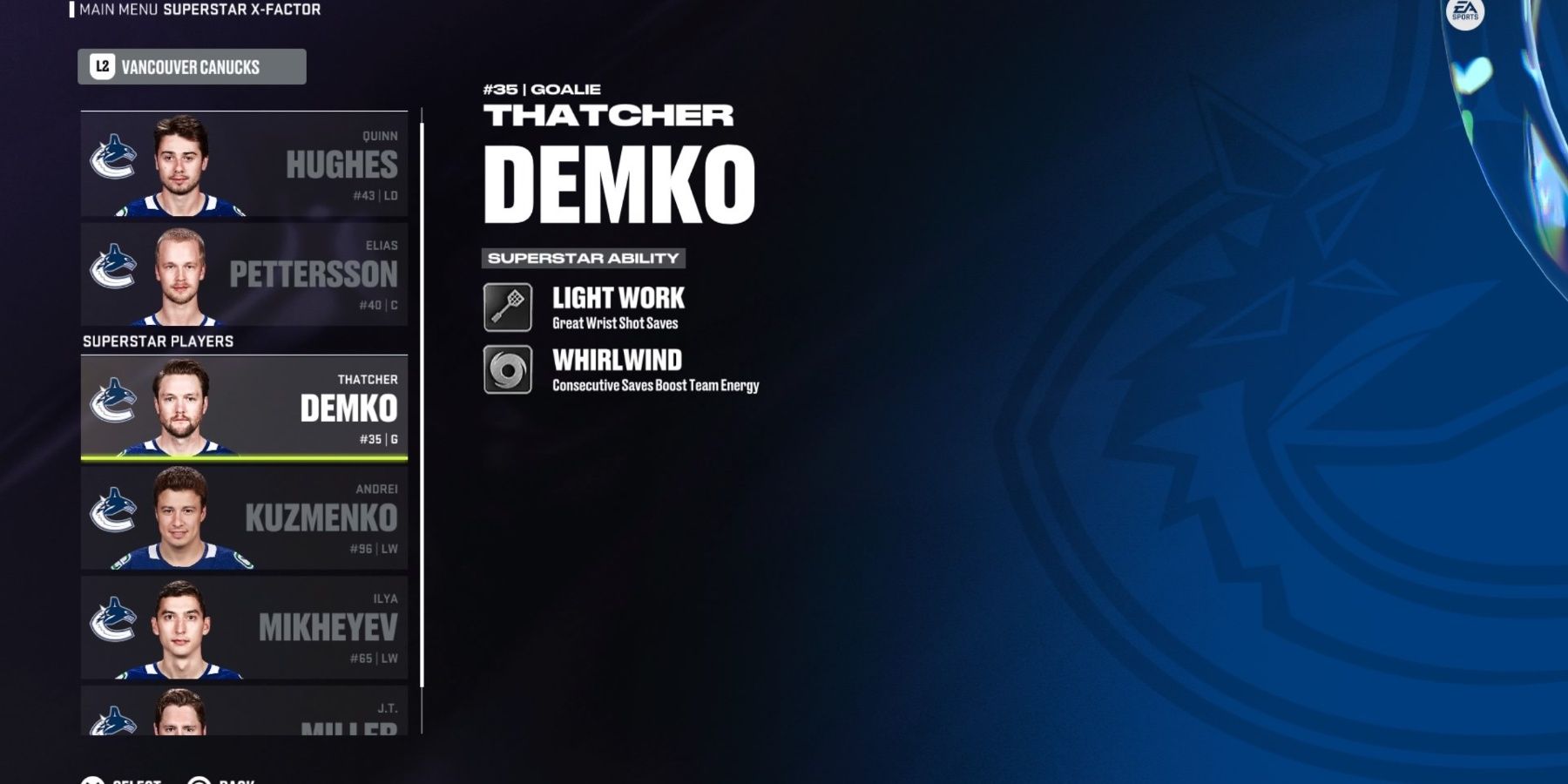 Una pantalla azul que muestra las habilidades de superestrella de Thatcher Demko en NHL 24