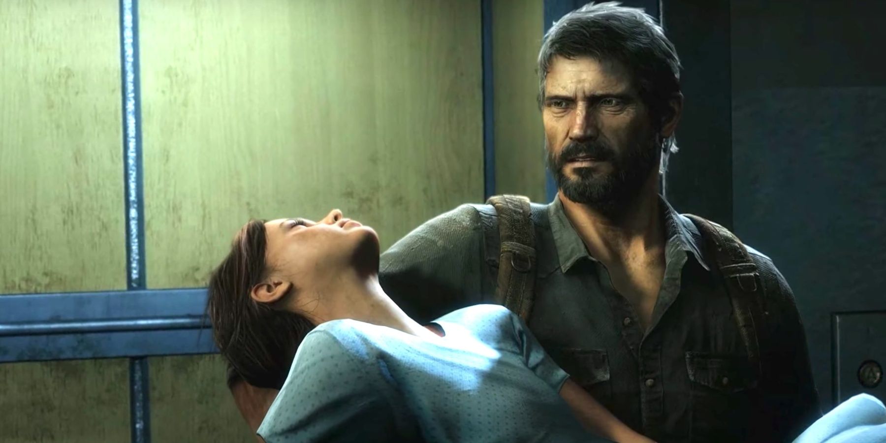Joel from The Last Of Us carrying Ellie, a young girl in a hospital gown